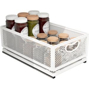 Sliding Cabinet Basket Organizer Drawer Self Adhesive Slide out Pantry Shelves Heavy Duty Carbon Steel Slide Cabinet Storage Basket with Handle for Bathroom Kitchen Home (Extended Medium)