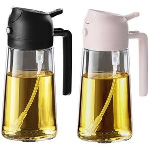TrendPlain 16oz/470ml Glass Olive Oil Sprayer for Cooking – 2 in 1 Olive Oil Dispenser Bottle for Kitchen Gadgets and Air Fryer Accessories, Salad, BBQ - Black & Peach