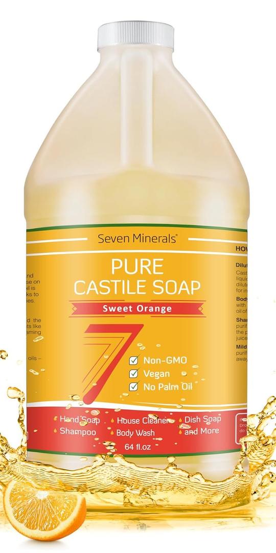 Seven Minerals Pure Castile Soap, Sweet Orange 64oz - No Palm Oil, GMO-Free - Gentle Liquid Soap For Sensitive Skin & Baby Wash - All Natural Vegan Formula with Organic Carrier Oils , 64 Fl Oz , Pack of 1