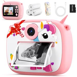 Kids Camera Instant Print, Kids Digital Camera with Photo Printing, Print Paper & 32GB Card, Kids Print Camera Birthday Gifts for Girls Boys 3 4 5 6 7 8 9 10 Year Old (Pink Unicorn)