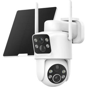 TKENPRO Dual Lens Solar Security Cameras Wireless Outdoor, 2K Full HD Video, 360 View Pan/Tilt Home Security Camera with Color Night Vision, Easy to Install, PIR Alarm, 2.4GHz WiFi