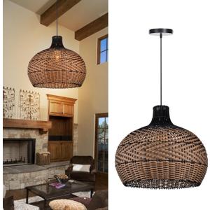 Arturesthome Rattan Pendant Light for Kitchen Island, Wicker Chandelier, Handmade Woven Hanging Ceiling Lighting Fixtures Lampshade for Living Room Bedroom (15.7" * 15.7")