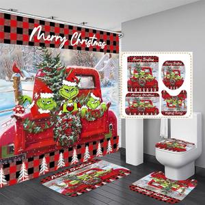 4Pcs Christmas Shower Curtain Sets with Non-Slip Rugs, Toilet Lid Cover and Non-Slip U Shape Bath Mat, Bathroom Sets with Hooks Xmas Bathroom Home Decorations 71'' x 71'' (4Pcs Set)