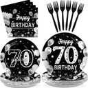 Grencian 96 Pcs 70th Birthday Supplies Silver Black 70th Birthday Party Plates Disposable Sweet 70 Seventy Years Old Decorations Paper Tableware for Men Party Supplies Serves 24