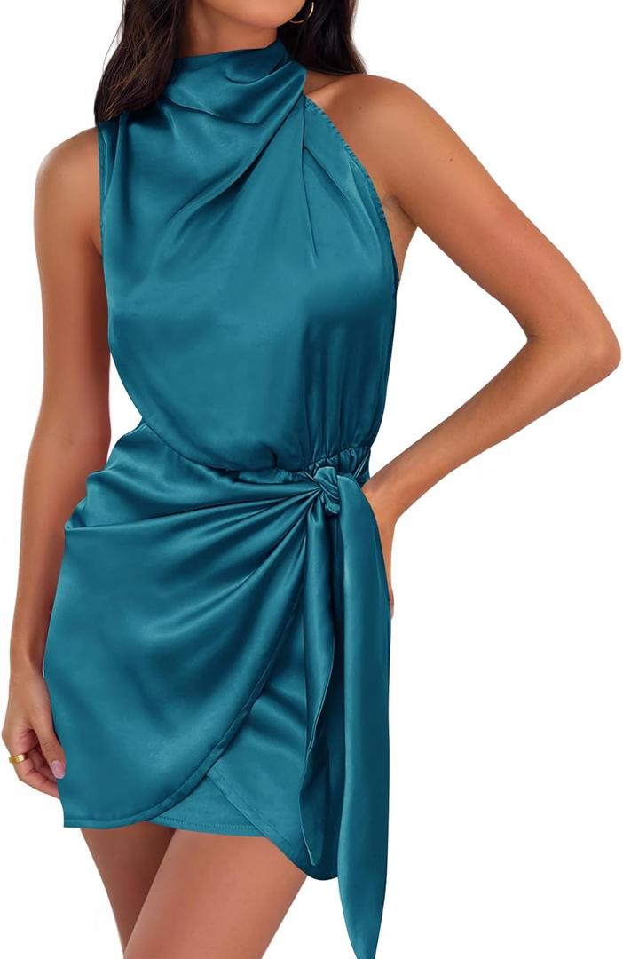 ZESICA Women's 2025 Fashion Satin Sleeveless Halter Neck Tie Waist Wrap Bodycon Cocktail Party Mini Dress (Large, Teal)
