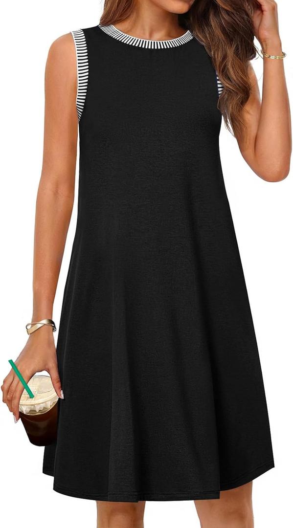 MEROKEETY Womens Casual Summer Sun Dress 2026 Spring Beach Vacation Crewneck Sleeveless Tank Cruise Shift Swing Sundress (Large, Black)