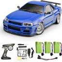 Skymaker 1/18 RC Drift Car with 3 Batteries Gyro LDRC LD1899 GTR R34 2.4GHz RWD Drifting Drift Cars for Adults with Alloy Car Shell(Blue)