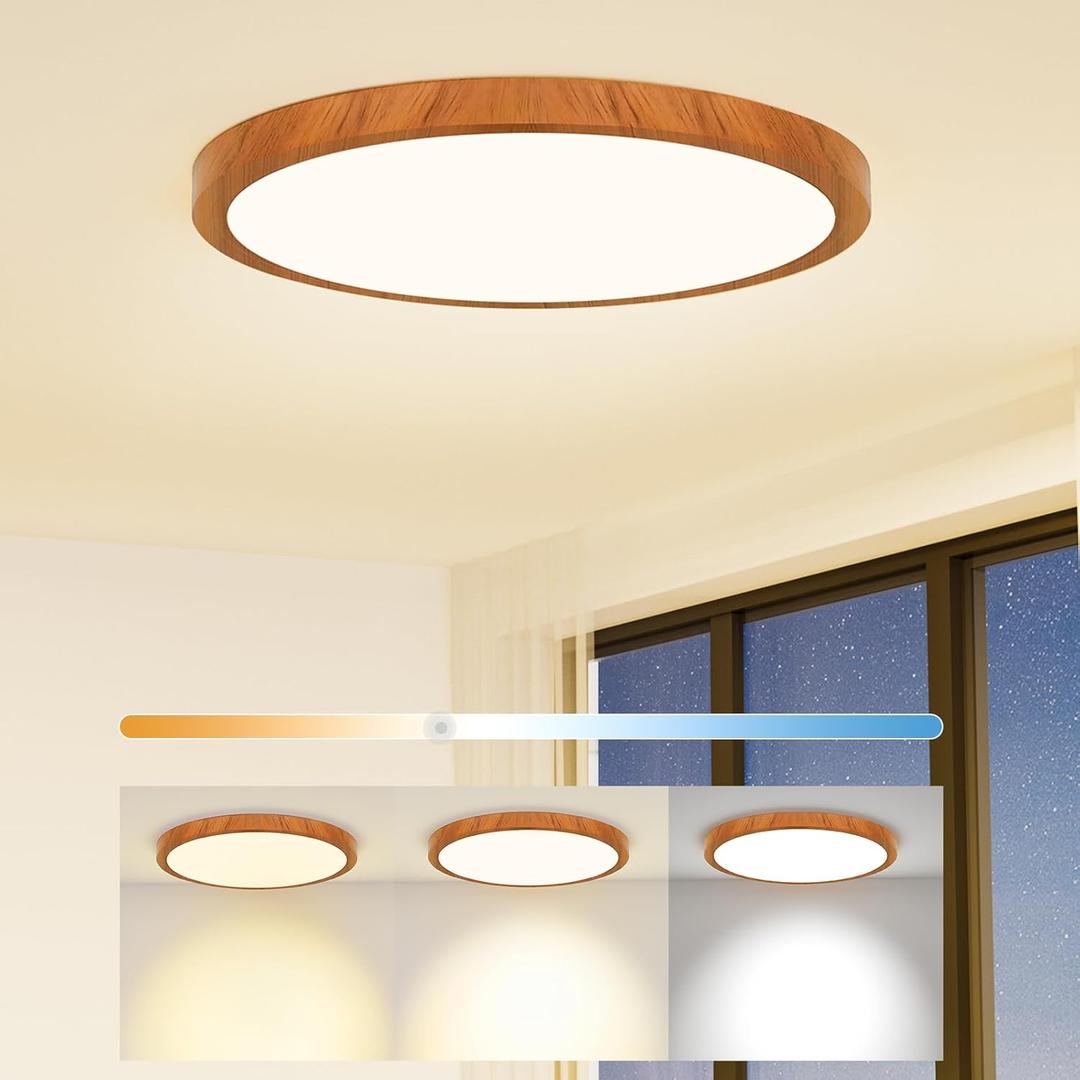 Light Fixtures Ceiling Mount: 12 Inch 24W Wood Grain Dimmable LED Ceiling Light 3000K-4000K-6000K Selectable Flat Low Profile Round Ceiling Lights for Bedroom Laundry Closet Hallway - Walnut