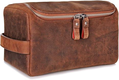 DONBOLSO Helsinki Leather Toiletry Bag for Men - Toiletry Travel Pouch for Shaving, Makeup, and Cosmetics - 5.9 x 5.5 x 9.8 Inches Wash Bag for Men and Women with Adjustable Dividers - Vintage Brown