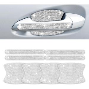 INSAUTO 8 Pieces Bling Car Door Handle Scratch Protector, Universal Rhinestone Car Stickers for Women, Automotive Exterior Accessories (Silver)