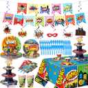 97 Pcs Hero Party Supplies for 12 Guests Include Hero Plates and Napkins Paper Cups Cupcake Stand Tablecloth Banners Cutlery Party Decorative Tableware Set for Birthday Baby Shower Decorations