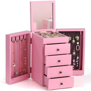 Meangood Jewelry Box Wood for Wowen, 5-Layer Large Organizer Box with Mirror & 4 Drawers for Rings, Earrings, Necklaces, Pink