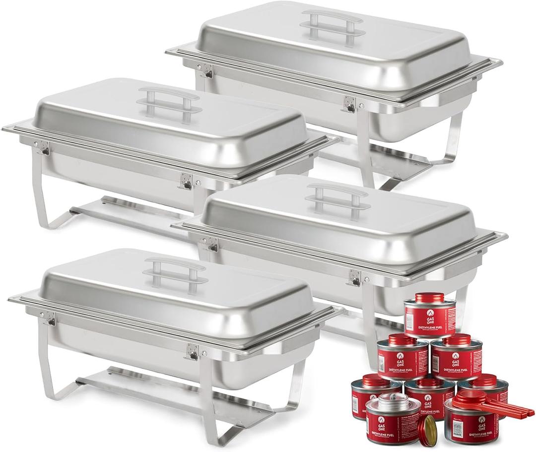 Alpha Living 4 Pack 8QT Chafing Dish Full Set with 8 Pack DEG Chafing Fuel Stainless Steel Catering Chafer with Lids, Pans & Fuel Buffet Food Warmers for Parties, Events & Weddings