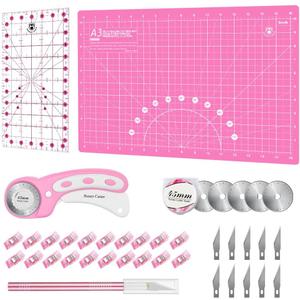 Headley Tools Rotary Cutter Set - 45mm Fabric Cutter, 5 Replacement Rotary Blades, A3 Cutting Mat, Quilting Ruler and Sewing Clips, Craft Knife Set, Ideal for Crafting, Sewing, Patchworking, Pink