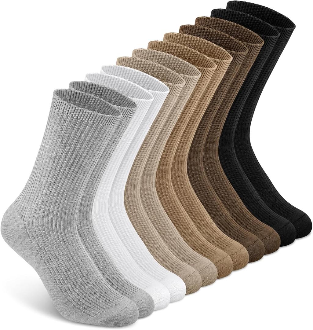 YSense Women's Cotton Crew Socks 6 Pairs, Long Cute Aesthetic Neutral Athletic Boot Socks for Women Stocking Stuffers Gifts (9-11, Black Brown Light Coffee Khaki White Light Grey)