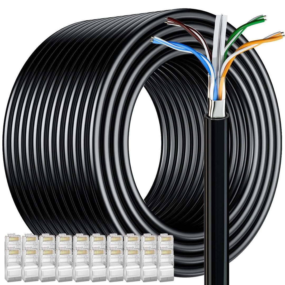 MEIPEK Cat 6 Outdoor Ethernet Cable 328ft/100M (20 RJ45), FTP Cat 6 Shielded Ethernet Cable Bulk, Heavy Duty 23AWG, Weatherproof, UV Resistant, Direct Burial, LAN Cable Cat6 300+ft for Router, Gaming