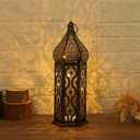 Moroccan Style Temple Hollow Iron Lantern, Vintage Ramadan Lamp Home Decoration Lights Ornaments,Hanging Metal Candle Holders Battery Operated for Table Indoor Decor13.4 Inch Copper
