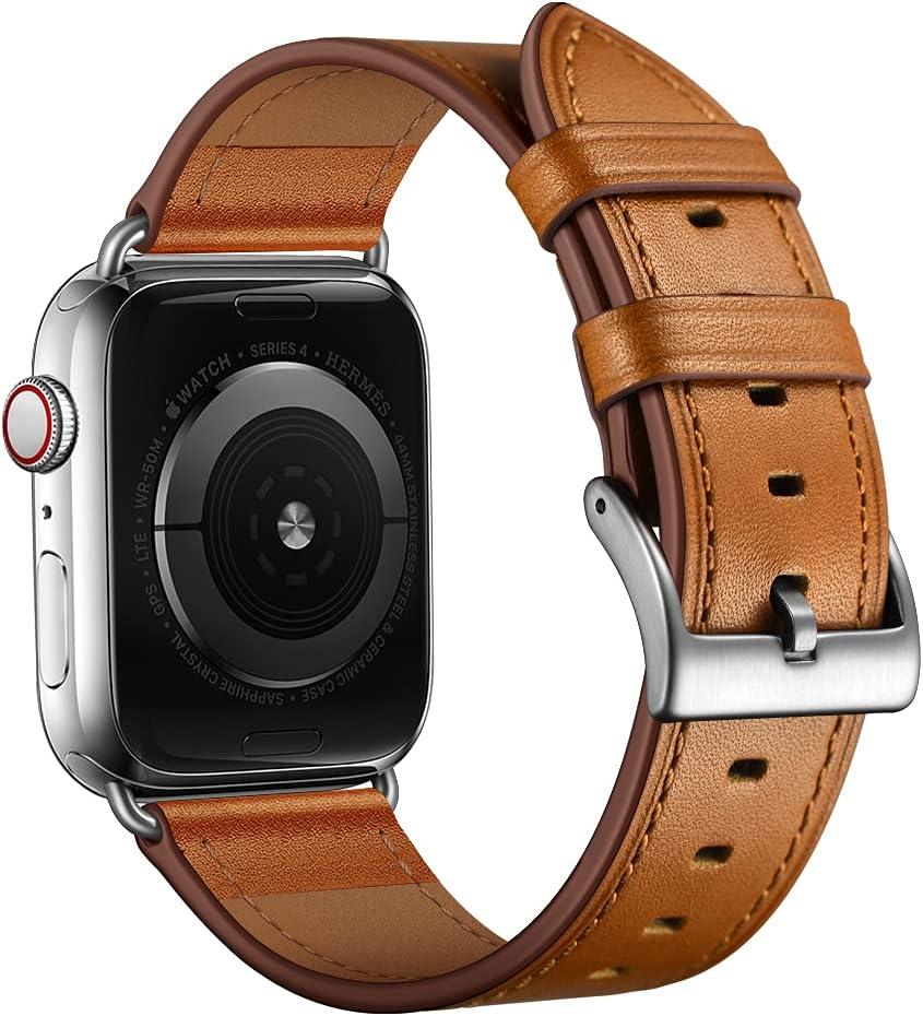 OUHENG Leather Bands Compatible with Apple Watch Band 45mm/49mm/44mm/46mm/42mm, Genuine Leather Strap Replacement for iWatch Series 11/9/10/8/7/6/5/4/3/2/1 & Ultra 3/2/1 & SE3 SE2 SE Men Brown Silver