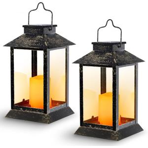 Solar Lights Outdoor Waterproof, Solar Lights Metal Flickering Flame Lantern Outdoor Hanging for Front Porch Decor, Outdoor Patio, Garden,Balcony,Porch, Christmas, Fall Decor, 2 PCS (Bronze)