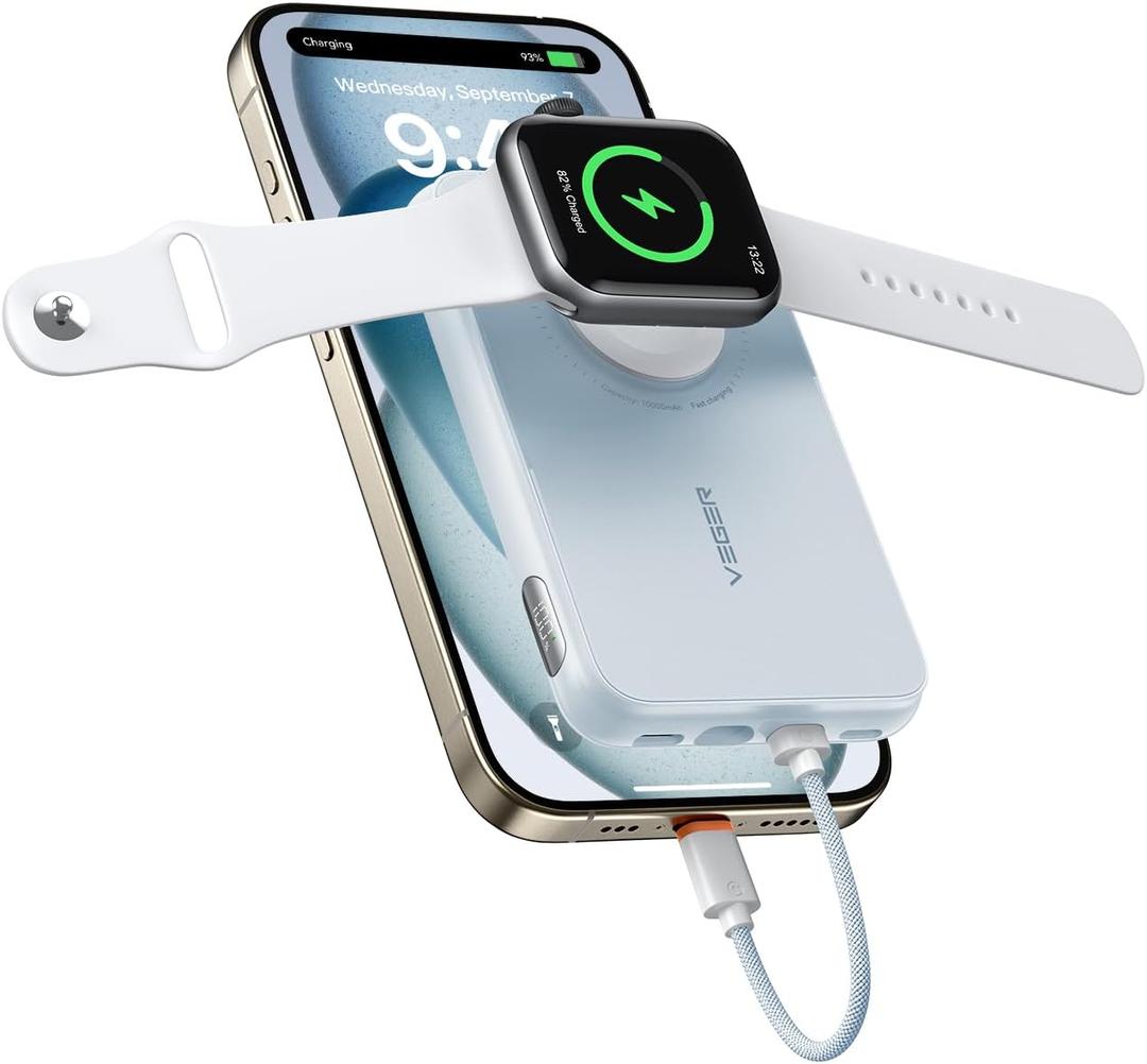 VEGER Portable Charger with Built in Cable(Removable), 10000mAh Mini Power Bank Battery Pack, PD 20W Fast Charger Travel Accessory Compatible with iPhone 15/14/13 Pro Max, Sumsang, Apple Watch-Blue