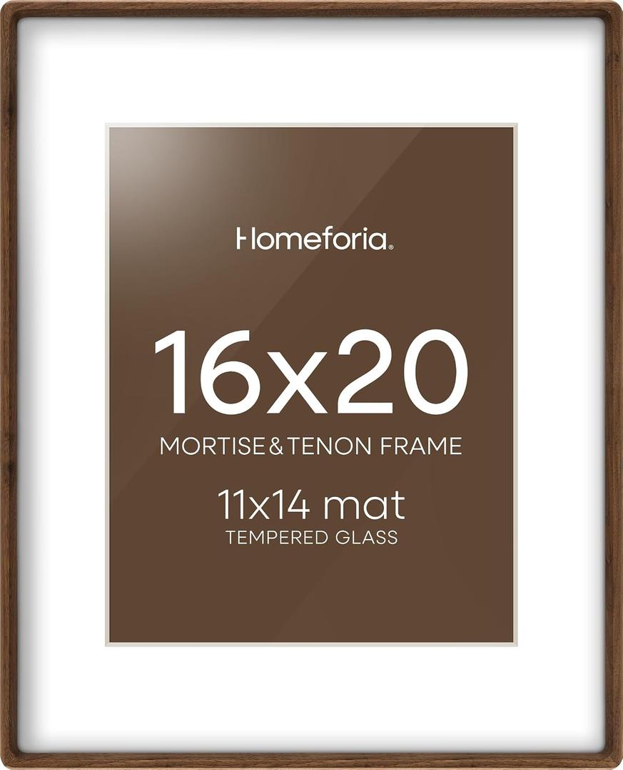 Homeforia 16 by 20 Picture Frame Brown Wood, Mortise & Tenon Walnut 16x20 Poster Frames with Mat 11x14 for Wall, 20x16 Dark Wooden Frames Matted to 11 x 14 inch Art, Tempered Glass, Wall Kit, Set of 1
