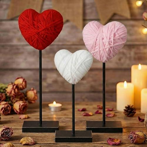 Yousoontic 3 Pcs Valentine Heart Table Decor Red Pink White Yarn Wrapped Hearts Handmade Decorative Tall Standing Table Sign Centerpiece Knitted Crochet Farmhouse Tabletop Decor for Home Wedding