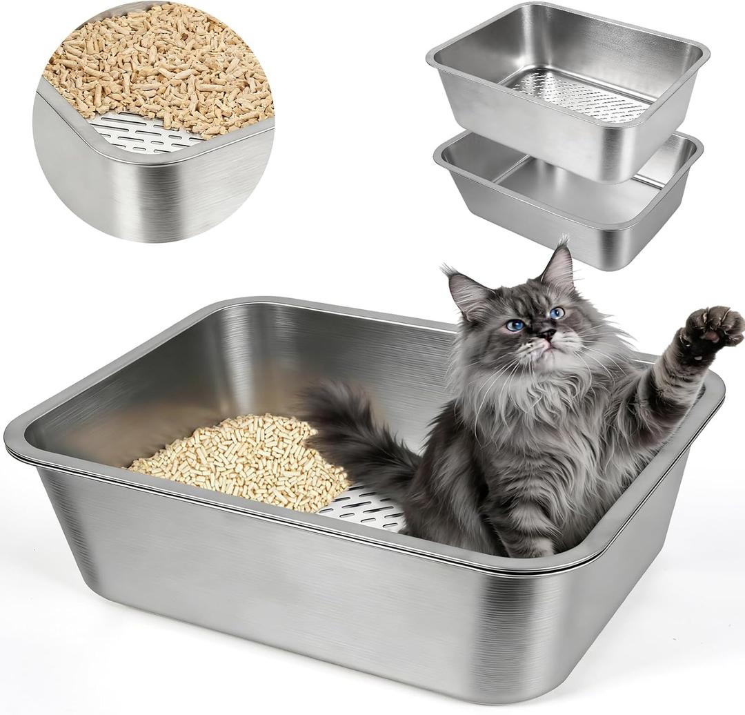 Stainless Steel Sifting Litter Box with Sifter,23.6'' Metal Cat Sifting Litter Box for Pine Pellets,High Side to Prevent Litter Tracking for Big Cat Multi Cats,Anti-Urine Leakage,Easy Cleaning(Large)