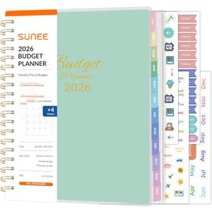 SUNEE 2026 Budget Planner - Deluxe Monthly Budget Book from JAN 2026 - DEC 2026, Bill Organizer with 12-Pockets, Expense Tracker Notebook B5 Size (8" x 10"), Finance Planner with Stickers, Green