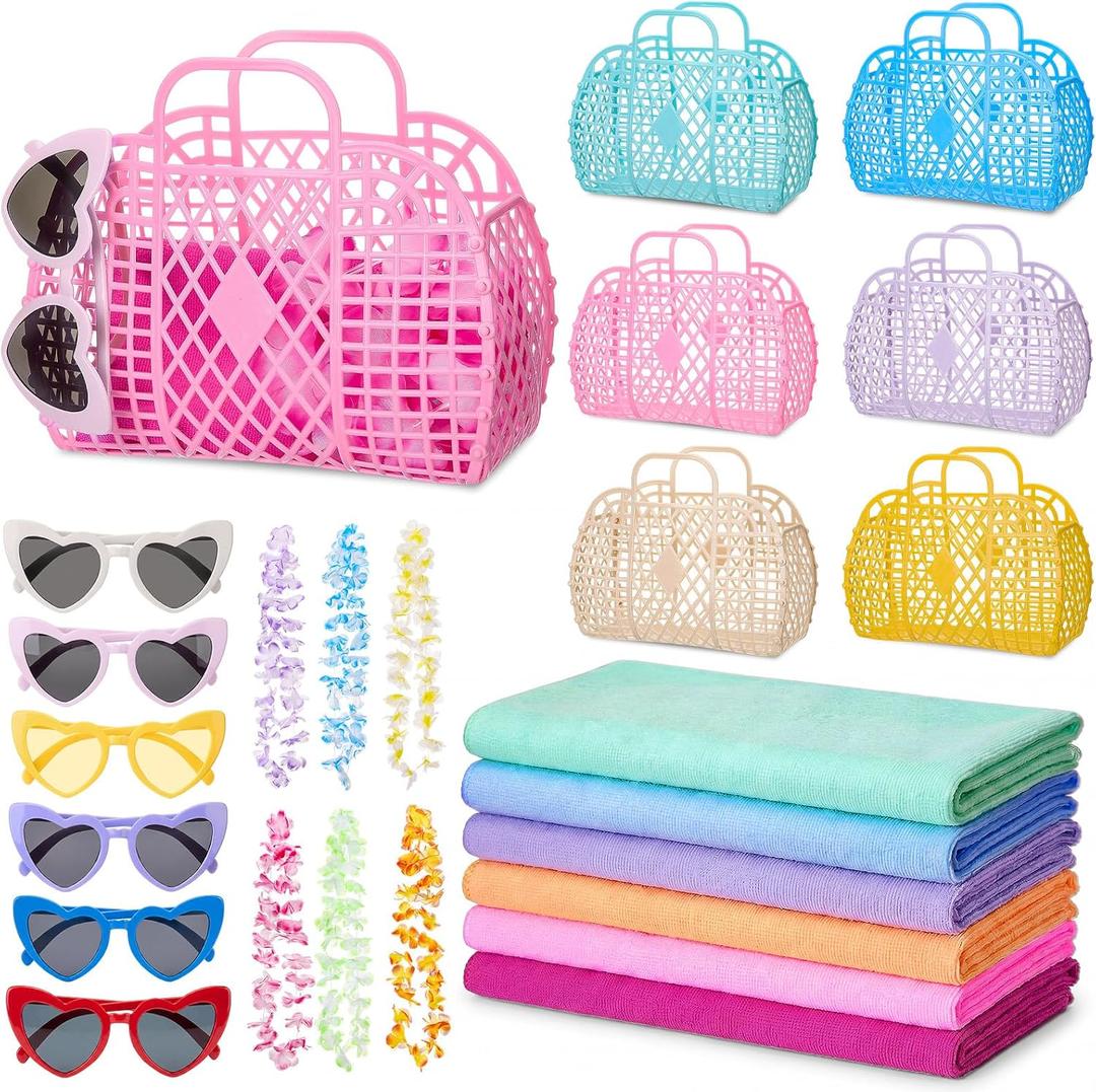 24 Pcs Pool Party Favors for Women Girls Trip Gifts, Summer Beach Bachelorette Party Supplies Includes Jelly Baskets, Heart Sunglasses, Beach Towels, Hawaiian Leis