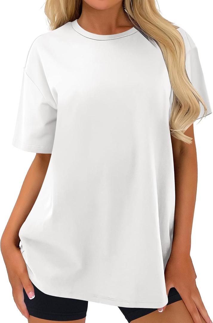 Caracilia Womens Oversized T Shirts Summer Crewneck Short Sleeve Loose Fit Basic Tee Tops Gym Workout Clothes White, Size: Large