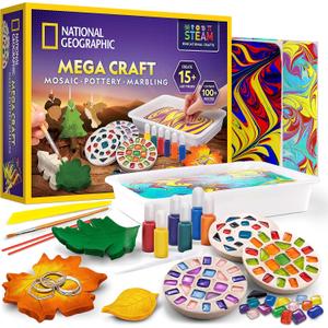 National Geographic Mega Arts and Crafts Kit for Kids Mosaic Kit, Marbling Paint Kit & Air Dry Clay Pottery Kit Art Projects for Kids Ages 8-12, Crafts for Girls and Boys