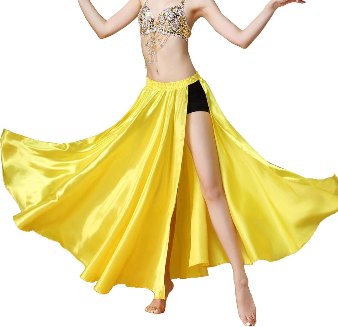 MUNAFIE Belly Dance Skirt Satin Split Side Long Skirts for Women (Yellow) MUNAFIE Belly Dance Skirt Satin Split Side Long Skirts for Women (Yellow)