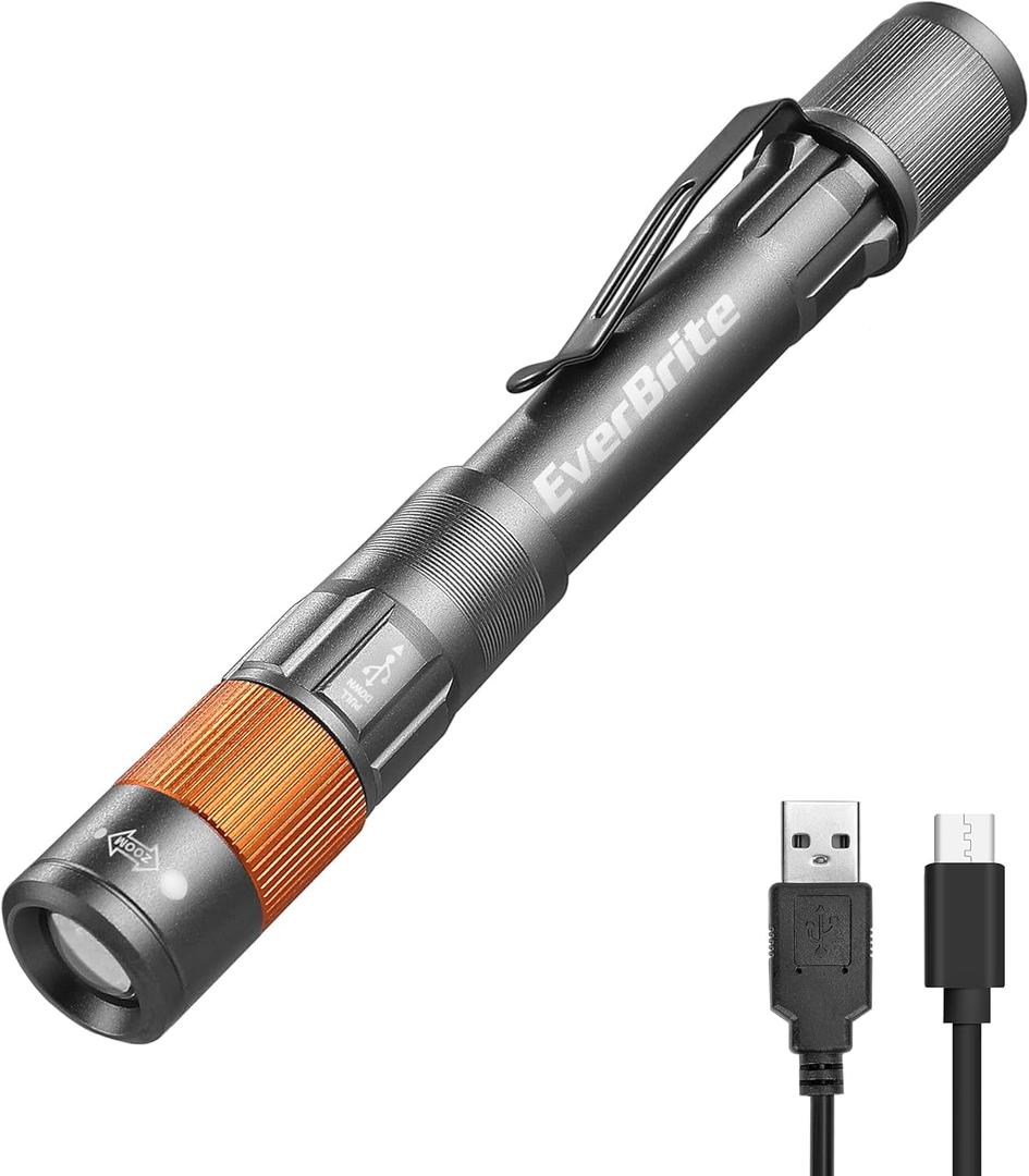 EverBrite Rechargeable Pen Light, 300 Lumens EDC Flashlight, Zoomable LED Pocket Flashlight with Clip, Memory Function and USB C Cable Included, for Camping, Emergency, Grey (Gray)