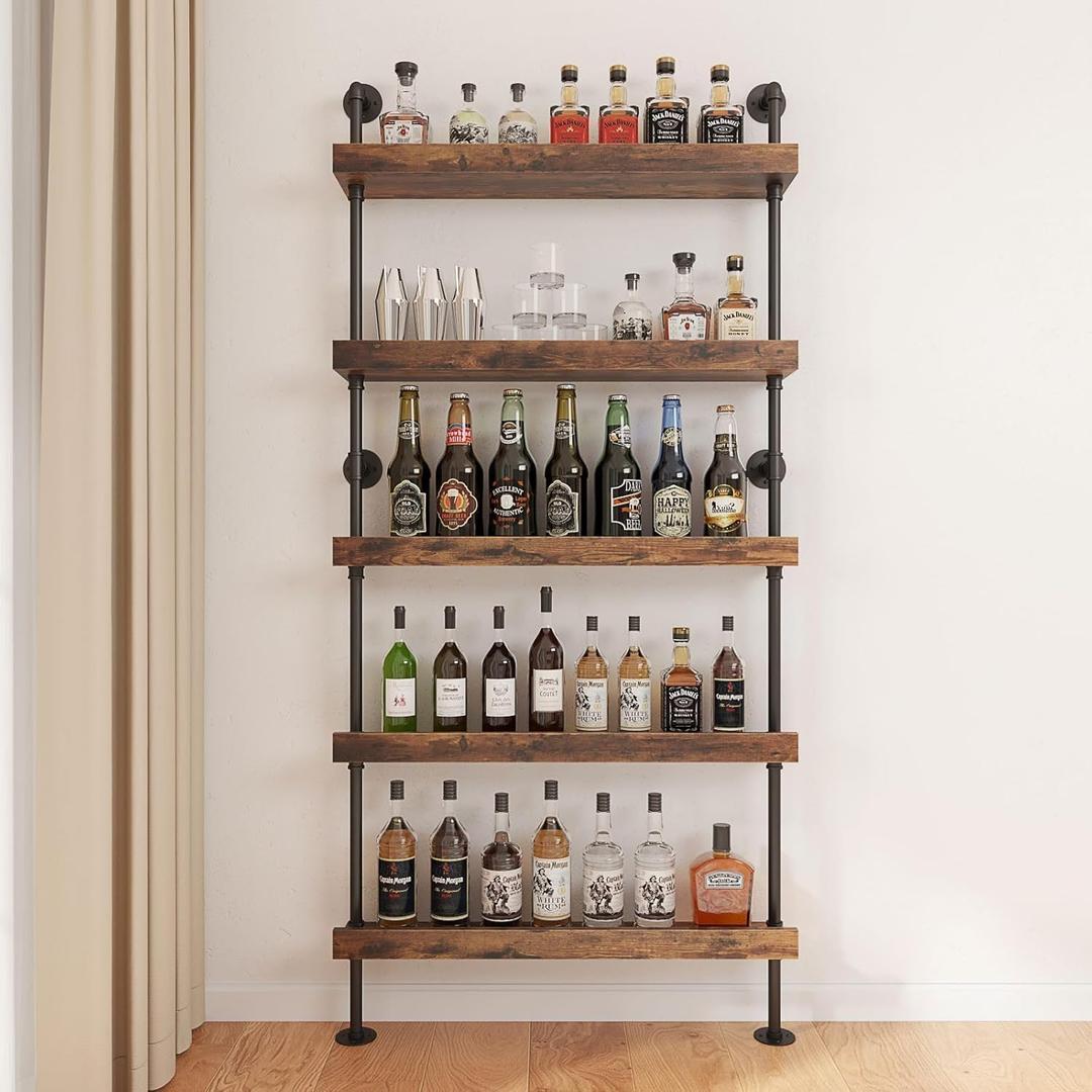 5-Tier Wall Mounted Wine Rack, Industrial Pipe Bar Shelf for Wine Bottle Storage, Industrial Pipe Shelves Shelf Shelving for Home Bar Dining Room Kitchen (39.4" W x 79" H)