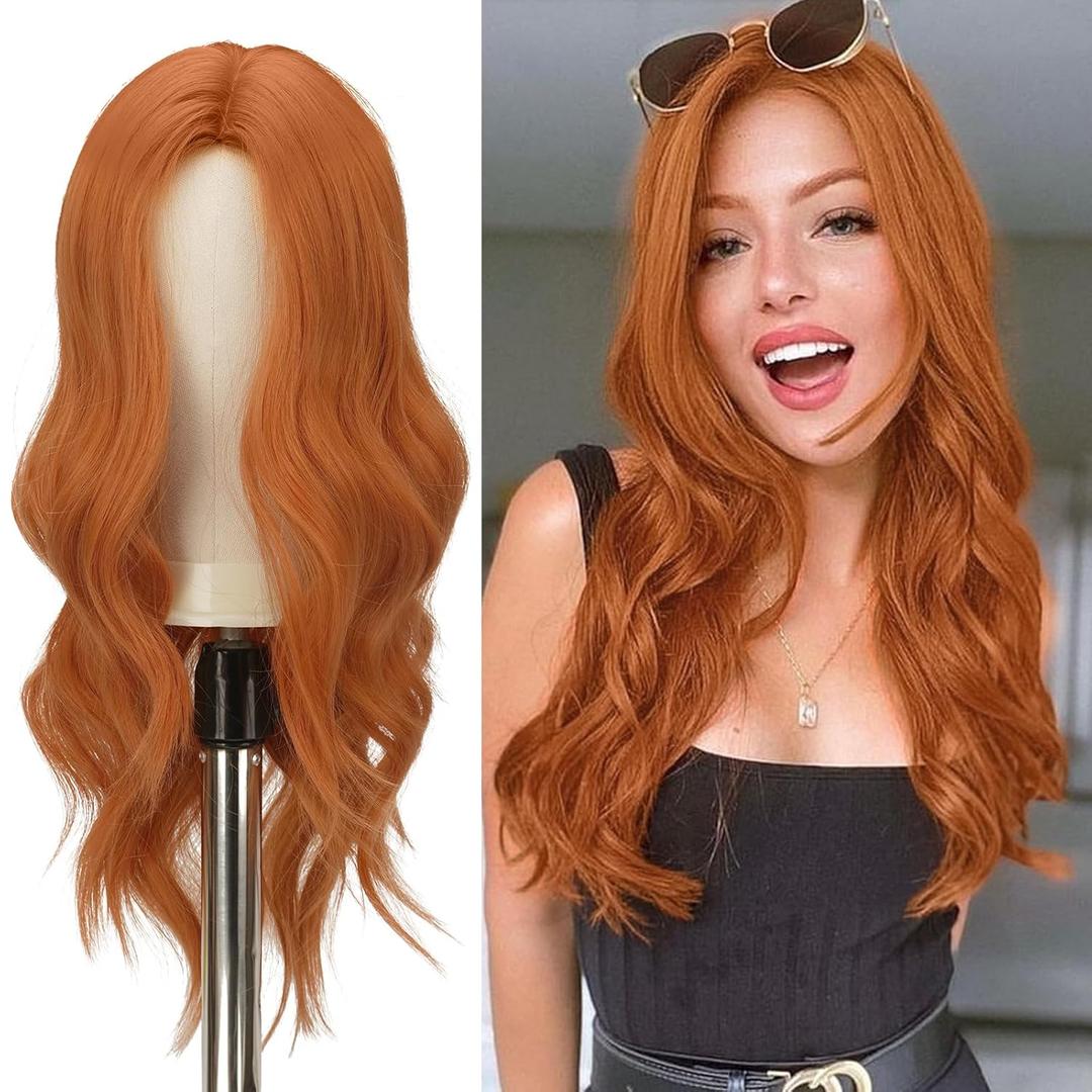 FESHFEN Long Auburn Wigs for Women, 22 inch Middle Parting Synthetic Wavy Wig for Daily Use Party Costume, Auburn
