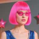 Short Hot Pink Bob Wig with Bangs 3Pcs Colorful Party Wigs Fun Funny Wigs for Women Neon Pink Bob Wig for Halloween Outfit Costume Party Pelucas De Mujer+Sunglasses+Hair Cap