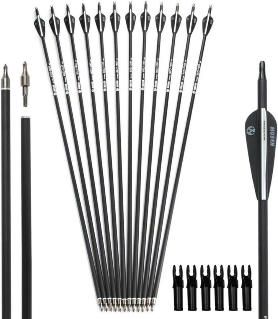 Musen 28"/30" Carbon Archery Arrows, Shaft Spine 500 with Removable Tips, GPI 13.0 Hunting and Target Practice Arrows for Both Compound Bow and Recurve Bow, 12 Pcs (Black)