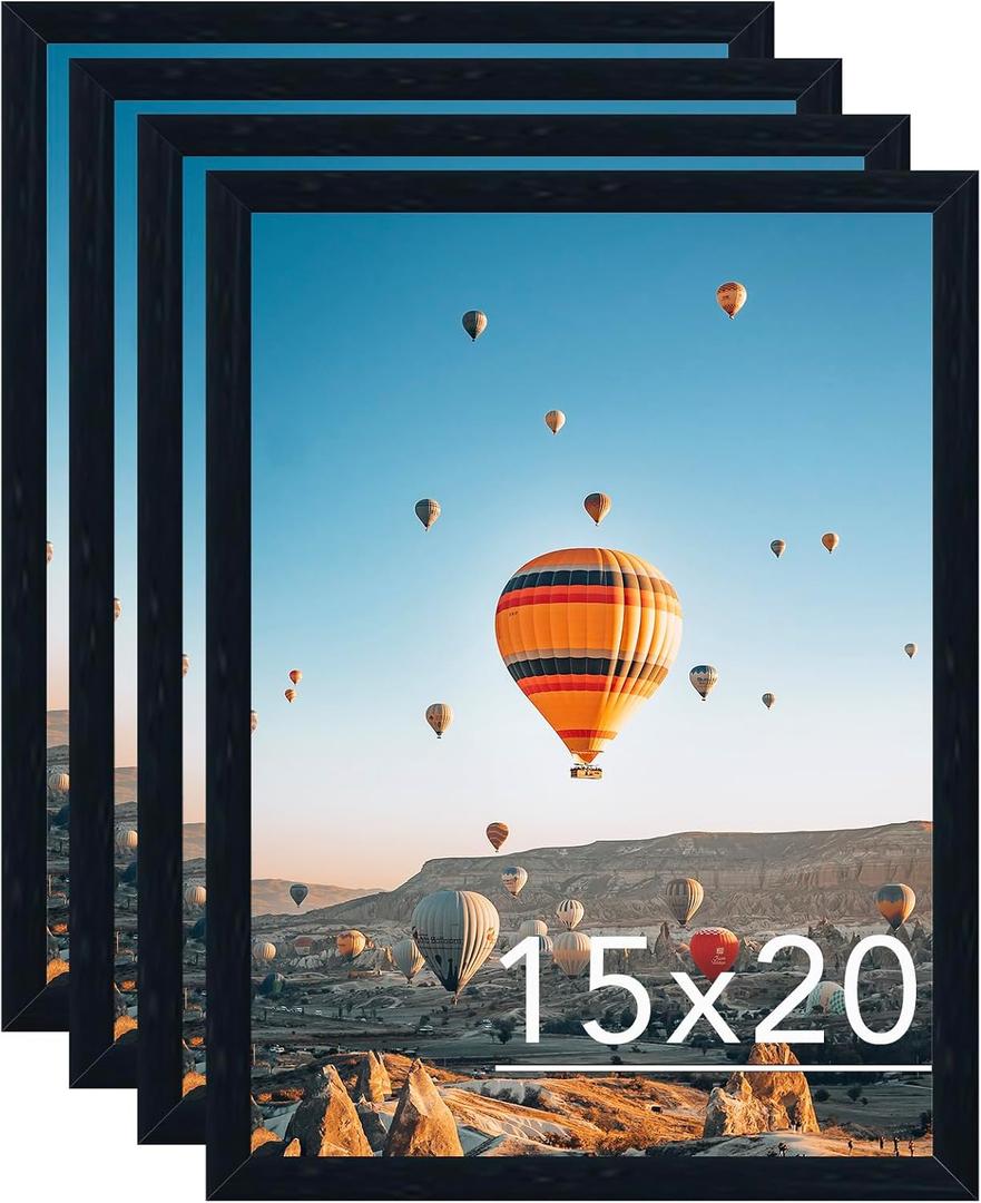 JCJMY 15x20 Picture Frame Set of 4 Black for Wall Hanging, Wall Mounting Horizontally or Vertically, 15 x 20 Wall Gallery Poster Photo Frame with Shatter Resistant Plexiglass, 4 Pack, Black