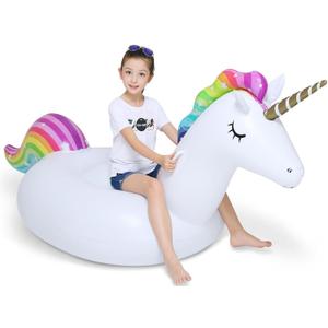 Jasonwell Big Inflatable Unicorn Pool Float Floatie Ride On with Fast Valves Large Rideable Blow Up Summer Beach Swimming Pool Party Lounge Raft Decorations Toys for Kids Adults