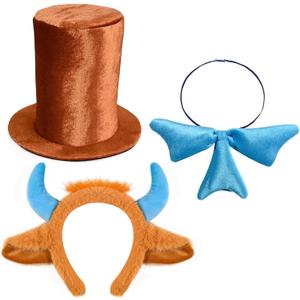 3Pcs Brown Top Hat Costume Kit Brown Stovepipe Hat Blue Bow Tie Ears and Bull Horns Headband for Halloween Cosplay Supplies