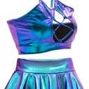 SFBBCLOZ Women's Rave Outfit Sets For Women Festivals 2 Pcs Metallic Tops Skirt EDM Party Club Holographic Rave Outfits Blue M