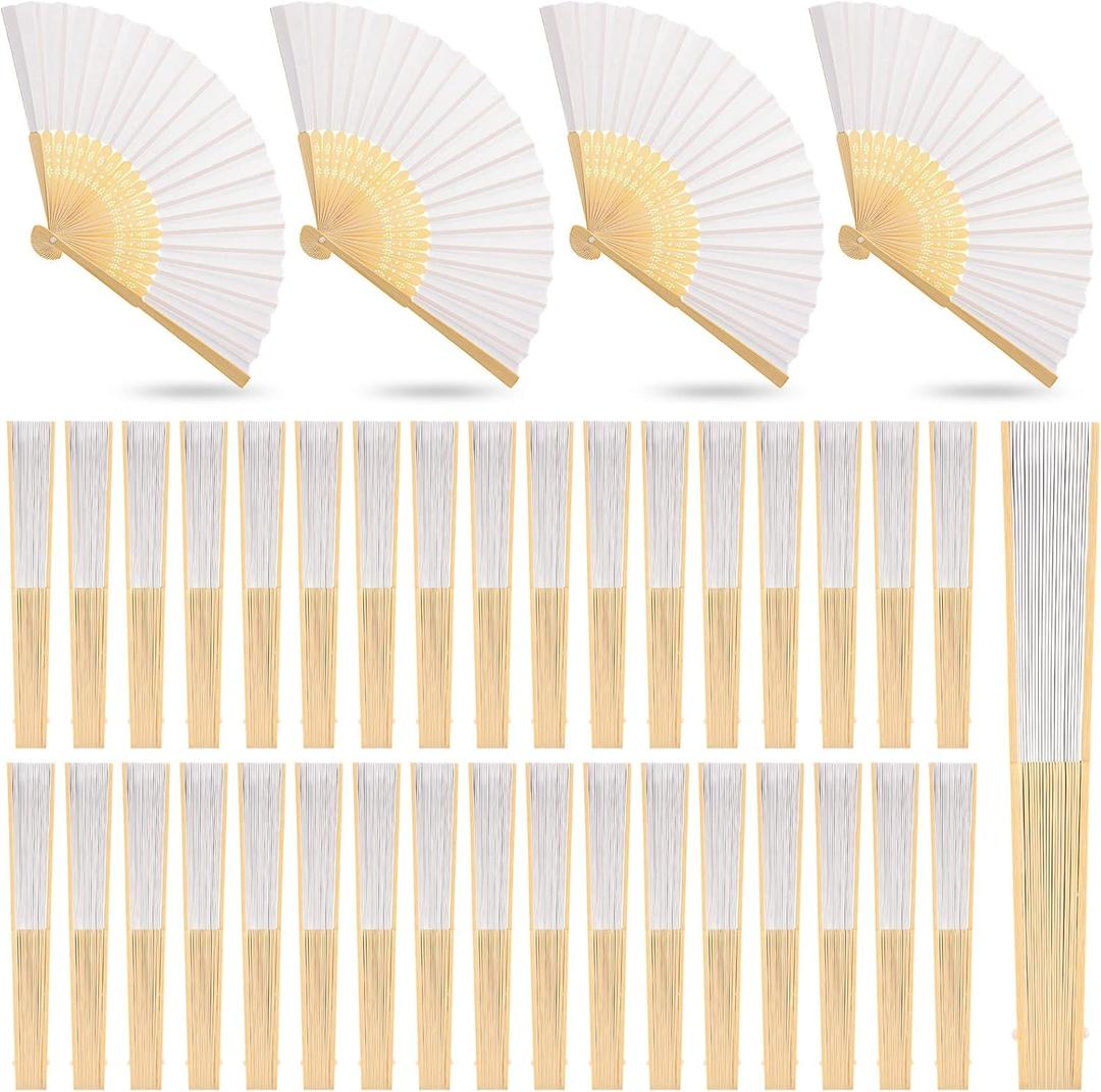 Yinkin 100 Pack Folding Fans Bamboo Handheld Folded Craft Hand Japanese Chinese Fans for Weddings Bridal Dancing Church DIY Decoration Women Gift Party Favors (White)