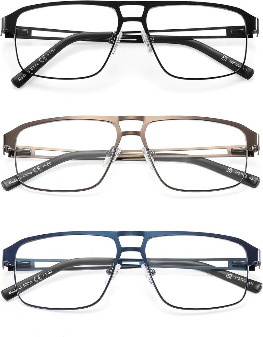 Blue Light Blocking Aviator Reading Glasses Men Cool Lightweight Metal Computer Readers Sunglasses Spring Hinge 3 Pack