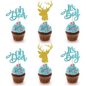 24 PCS Blue Glitter Oh Deer It's A Boy Cupcake Toppers for Gender Reveal Party/Buck or Doe Sign Baby Shower Party Decor/Baby Birthday Party Decorations/Boy Birthday Party Supplies