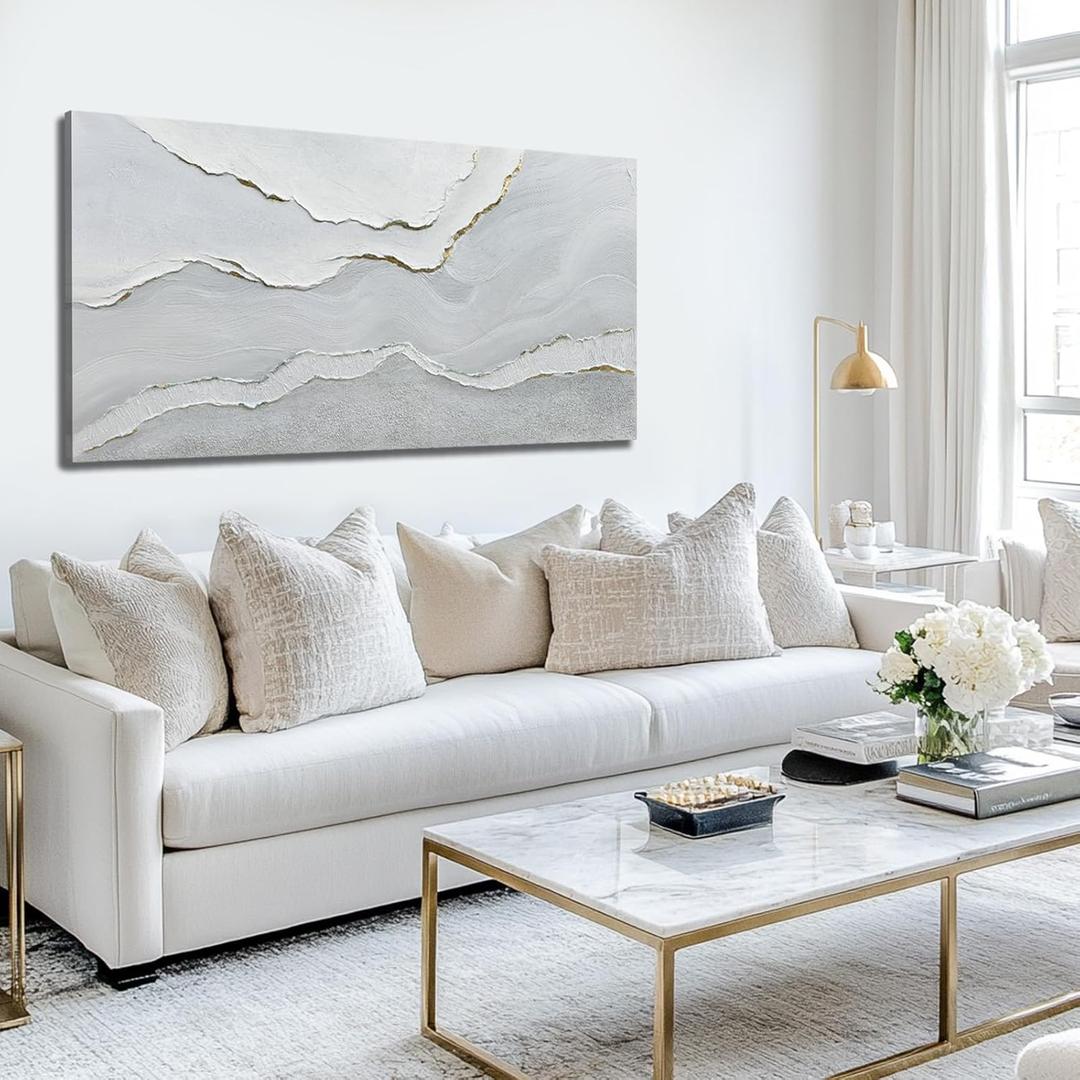 NBAODAN Modern Abstract Art Wall Decor White Textured Wall Art Gold Foil Decorations Artwork Contemporary Pictures for Living Room Bedroom Hallway 24x48 Inch