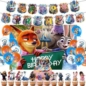 51 Pcs Cartoon Birthday Party Decorations, Cute Animals Party Decorations, Includes a Happy Birthday Banner, Backdrop, Hanging Decorations, Balloons, Cake Topper, and Dessert Toppers.