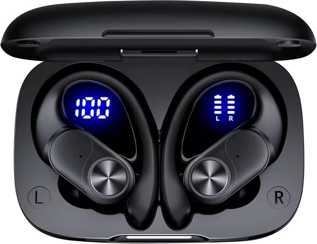 Wireless Bluetooth Sports Earbuds - Over-Ear Hook Headphones with LED Display - Touch Control & Voice Assistant - Wireless Charging Case for Running - Gym - Workout (Black)