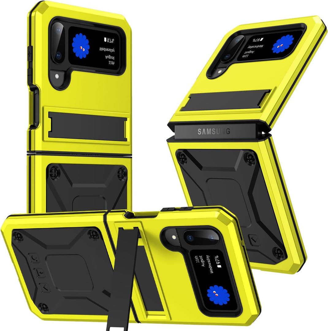 for ZFlip 3/ ZFlip 4 5G Heavy Duty Metal Case with Stand Cover Compatible with Samsung Galaxy Z flip 3/4 5G Rugged Phone Case Hard Funda Yellow