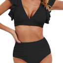 Women's Ruffle High Waisted Swimsuit Two Piece Tropical Print Swimsuit Push Up Bathing Suit (Medium, Black)