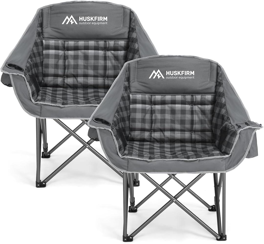 Huskfirm 2 Pack Camping Chairs Oversized Padded Camping Chair Heavy-Duty Foldable Camping Chairs with Cup Holder and Cooler Bag Portable Lawn Chair for Sports Outdoors-Support 450LBS, Grey